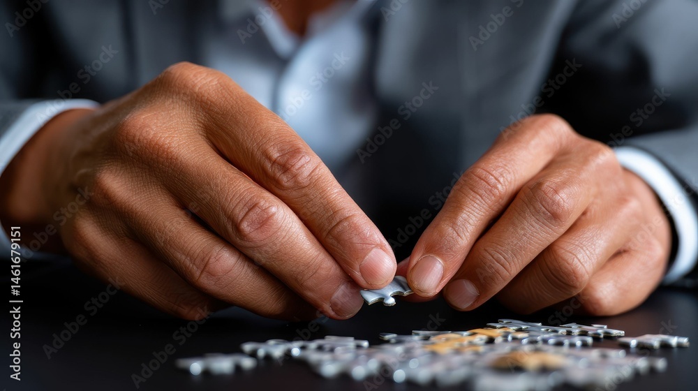 Hands Fitting Puzzle Pieces Together on Table in Business Setting Showing Focus and Problem-Solving Skills Hands Fitting Puzzle Pieces Together on Table in Business Setting Showing Focus and Problem-Solving Skills