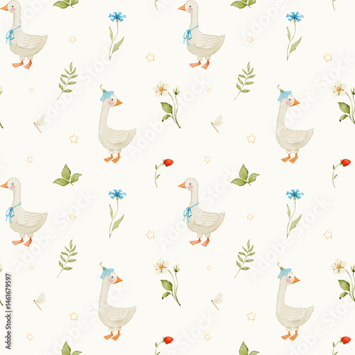 Cute pattern with geese, wildflowers and berries