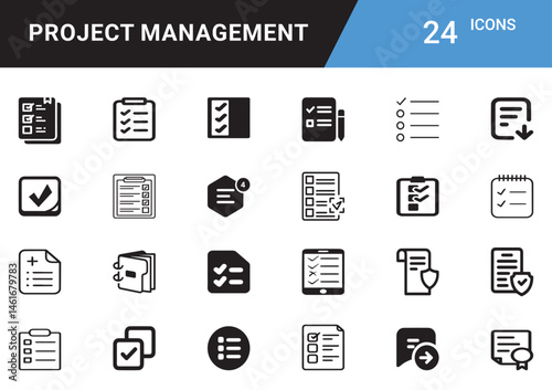 Project Management: Planning, Organizing, Scheduling, Resource Allocation, Team Collaboration, Risk Assessment, Goal Setting, Time Tracking, Milestone Delivery, Reporting editable icon set
