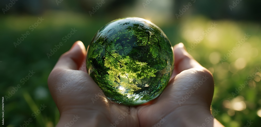 Protecting Our Planet A Hand Gently Holding a Crystal Globe Reflecting Lush Green Foliage