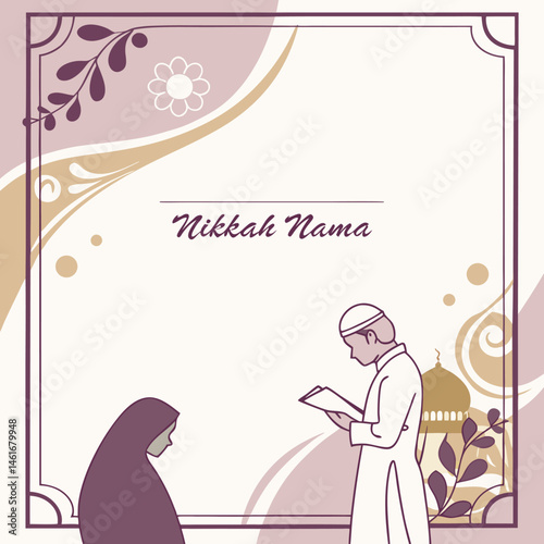 "Elegant Nikkah Nama Illustration: Cultural Islamic Wedding Contract with Artistic Calligraphy & Floral Decorations"