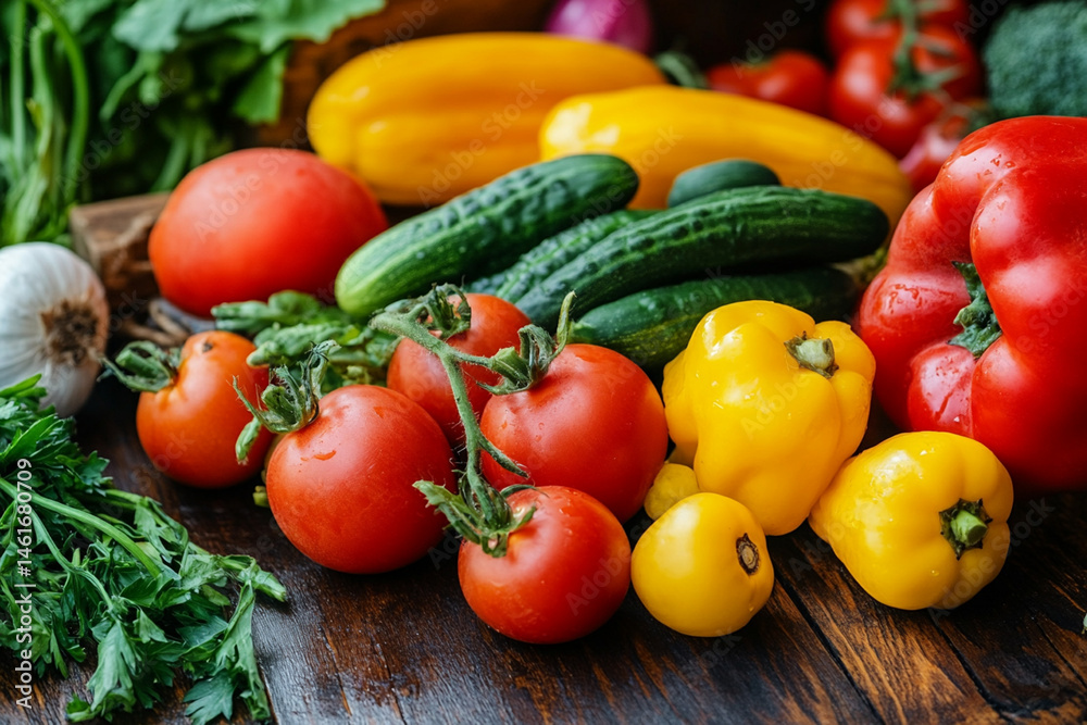 Juicy vegetables on the table creating a feeling of a fresh summer dinner with an advertising area Juicy vegetables on the table creating a feeling of a fresh summer dinner with an advertising area