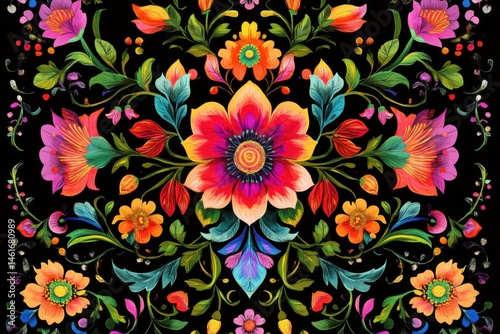 Vibrant floral tapestry showcases intricate patterns with a brilliant color palette against a deep black backdrop