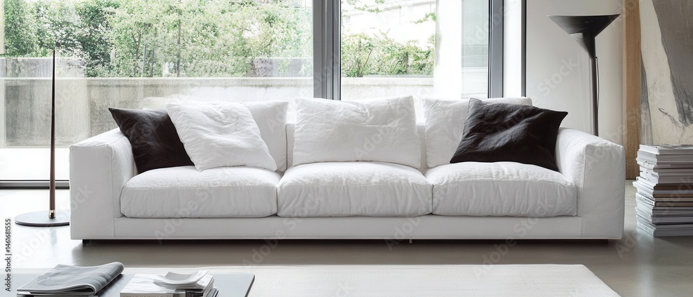 Fototapeta premium White Sofa with Pillows in Modern Living Room Interior Design Home Decor Furniture Style