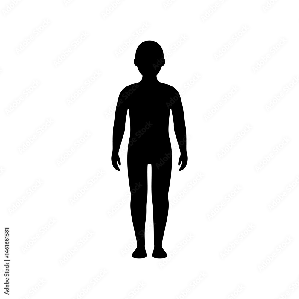 Fototapeta premium Body child black silhouette front view. Blank unisex children body template. Vector illustration