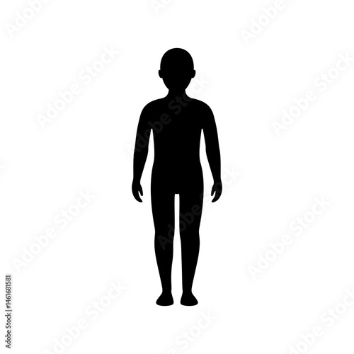 Body child black silhouette front view. Blank unisex children body template. Vector illustration