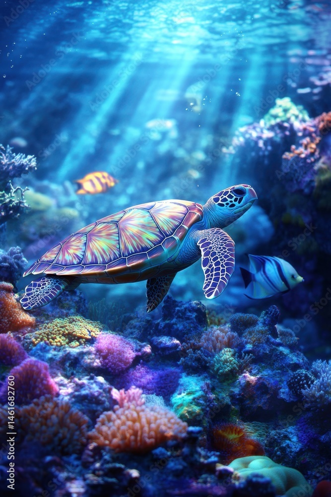 Fototapeta premium Sea Turtle Swimming in Coral Reef Underwater Scene Ocean Life Marine Animal Close Up Sunlight Rays