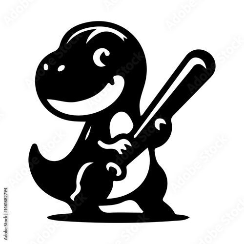 Cute T-Rex dinosaur holding a baseball bat silhouette vector illustration, T-Rex dinosaur holding a baseball bat line art vector icon design