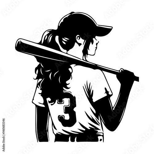 Girl Softball Player Back View, Baseball Bat, Vector Illustration