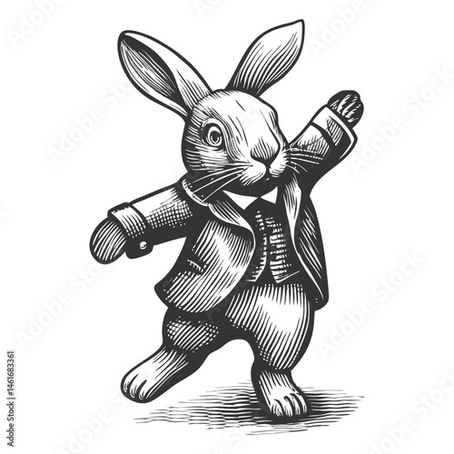 rabbit wearing a jacket and dancing playfully, drawn in an engraved, woodcut style with fine details sketch engraving generative ai vector illustration. Scratch board imitation. Black and white image