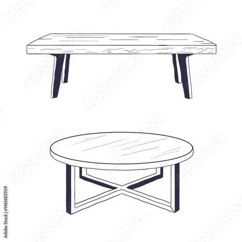 Minimalist hand-drawn coffee table illustrations featuring modern rectangular and round designs. Perfect for interior design projects, furniture catalogs, and home decor visuals