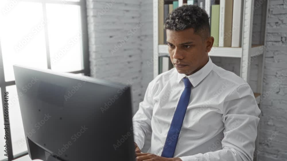Young man working in an office at a computer with expressions of surprise and frustration in front of a bookshelf Young man working in an office at a computer with expressions of surprise and frustration in front of a bookshelf