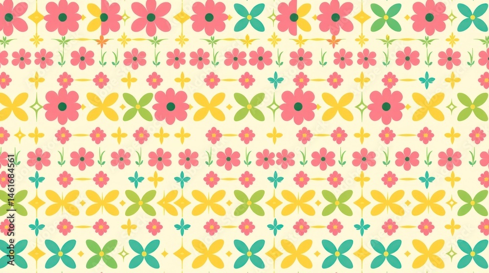 Fototapeta premium Pastel floral repeating pattern with stylized flowers in pink, yellow, and teal on a cream background
