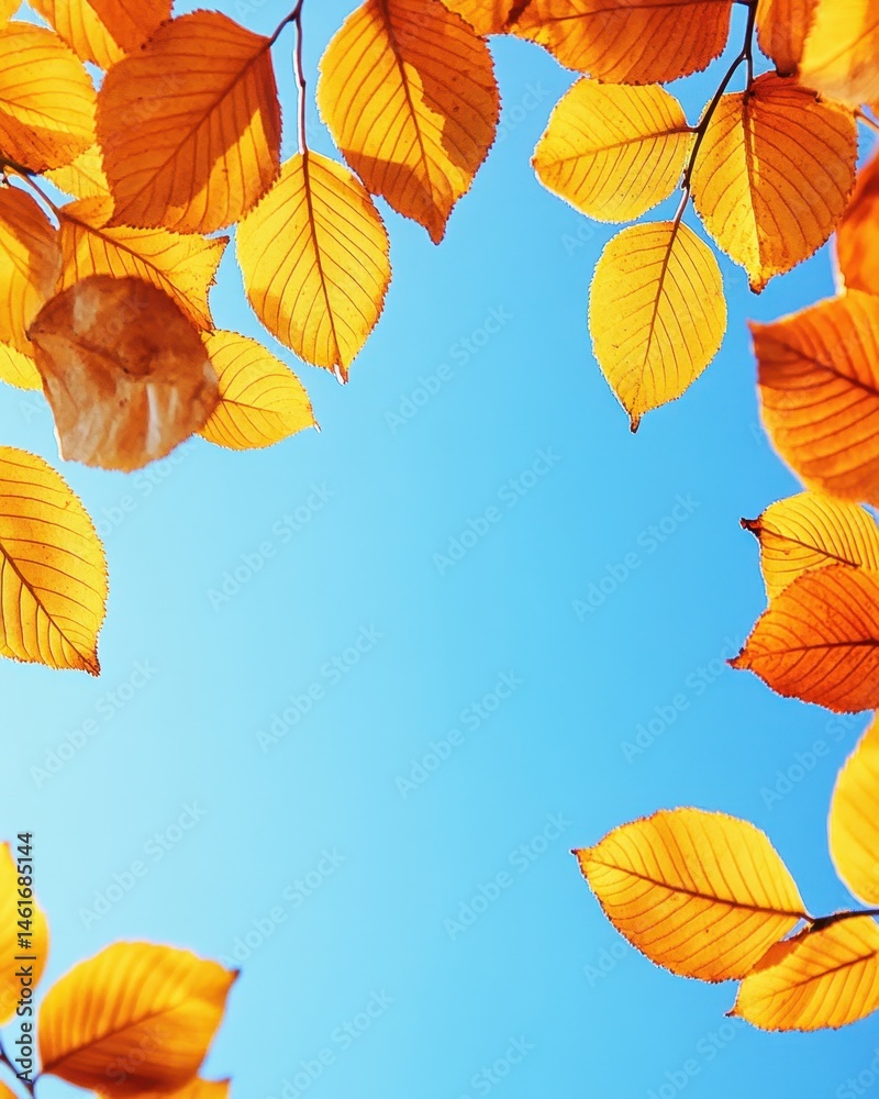 Obraz premium Golden Autumn Leaves Frame Against a Clear Blue Sky Low Angle View Capturing Seasonal Beauty and Tranquility in Nature's Transition