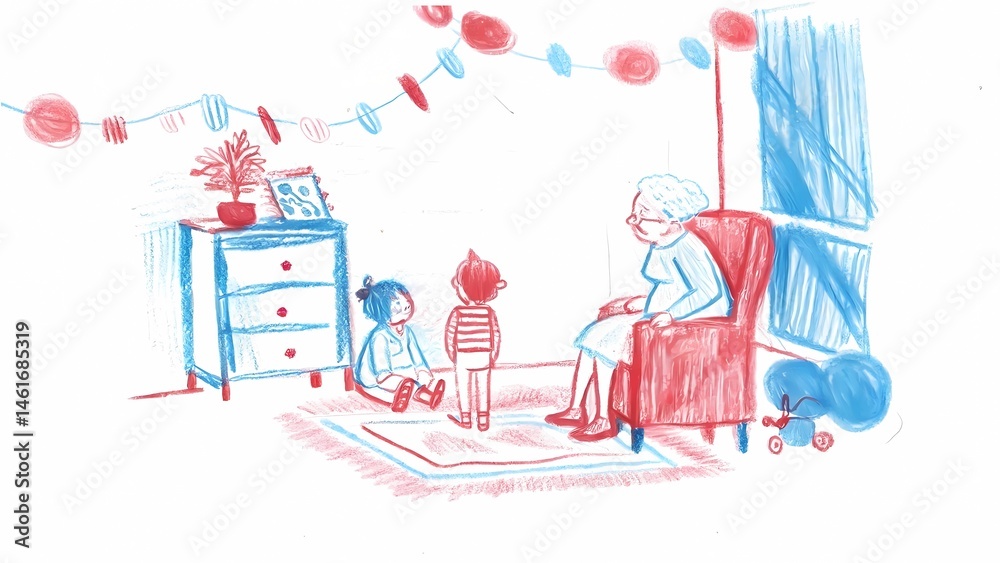 Fototapeta premium Children visiting grandmother illustration drawing family time story time art , kid's hand drawing.