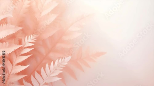 Pale pink ferns create a delicate, soft pattern, beautifully framing pastel gradient background. copy space