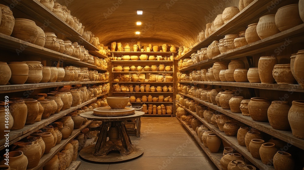 Obraz premium Clay pottery storage, earthenware shelves, workshop cellar