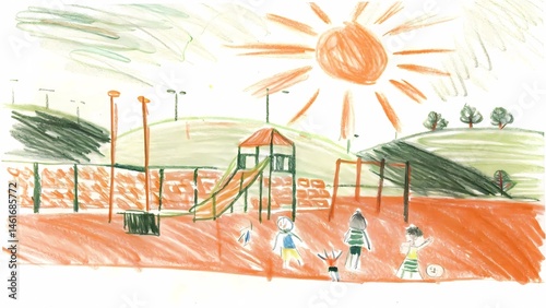 Childrens drawing of playground with slide, sun, and happy kids playing outside , kid's hand drawing.