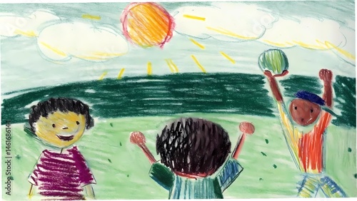 Children playing ball in the park crayon drawing kids art happy sunny day fun , kid's hand drawing.