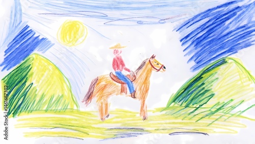 Drawing of cowboy riding horse in landscape crayon art children's illustration , kid's hand drawing.