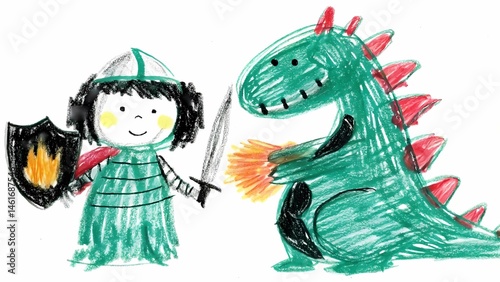 Children's crayon drawing of a knight fighting a dragon fantasy art print , kid's hand drawing.