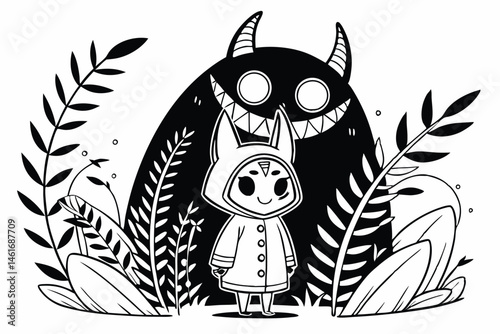 45 Surreal black and white illustration, cute character with mask-like face, creepy monster behind, botanical elements, sharp teeth, horns, intricate details, contrast, ink drawing style, eerie atmosp