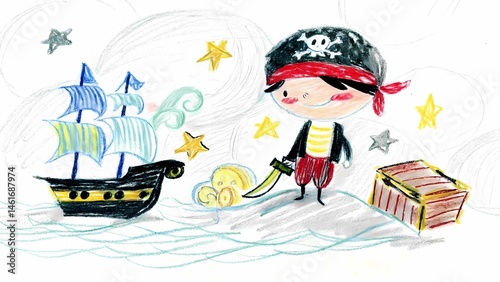Cute pirate adventure drawing for kids with ship treasure and pirate character , kid's hand drawing.