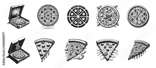 Set of  Pizza Vector Illustration , Black and White Food