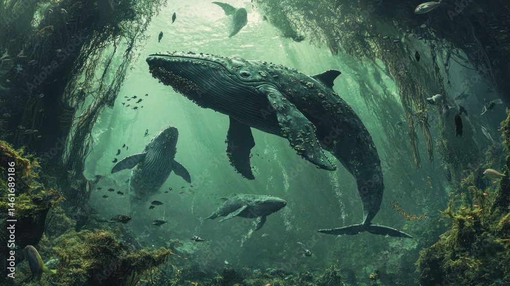 Fototapeta premium Submerged whales in lush underwater grotto