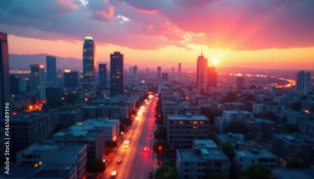 Fototapeta premium Blurred city skyline at sunset Soft focus urban landscape , image, texture