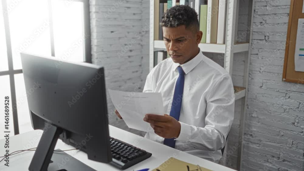 Young man in office intensely reading documents at desk, exhibiting frustration, with modern interior, suggesting a focused professional setting.