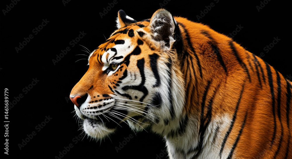 Naklejka premium Majestic tiger profile against black background. Powerful predator in side profile view with sharp focus on its detailed coat.