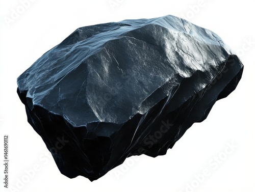 Isolated dark rock formation floating on white background studio shot geology mineralogy science