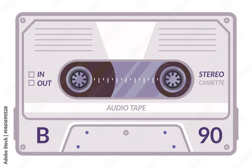 Obraz premium Vintage tape cassette. Retro mixtape, 1980s pop songs tapes and stereo music cassettes. 90s hifi disco dance audiocassette, analogue player record cassette. Isolated symbols 