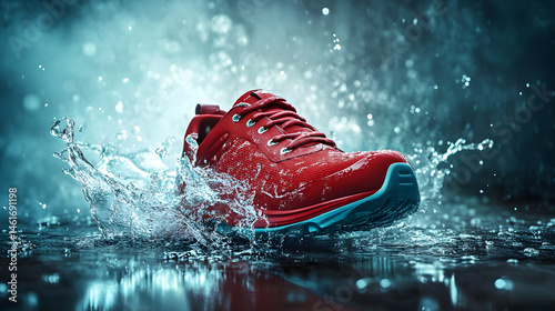 Vibrant red athletic shoe, striking a dynamic pose amidst water splashes on a dark surface.  The shoe is in the midst of a forceful water impact, highlighting its waterproof capabilities.