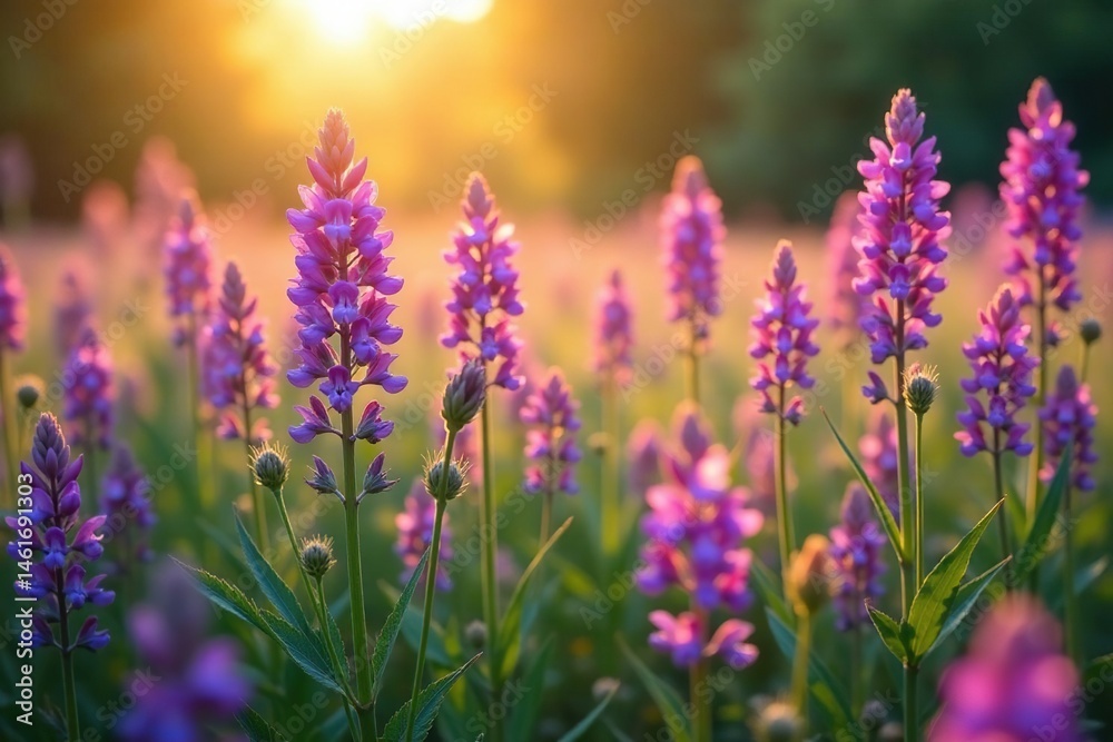 Naklejka premium Dense cluster of deep purple wildflowers Sunlit field scene , blossom, spring, nature scene