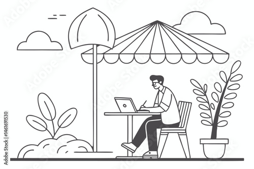 47 Minimalist illustration, man working on laptop, outdoor cafe setting, parasol umbrella, potted plants, black and white line drawing, simple geometric shapes, clean design, relaxed atmosphere, digit