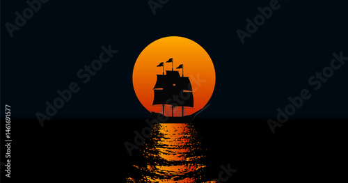 Vector sea night landscape. Black silhouette of old three-masted sailing ship. Red moon or rising sun and glare on water surface. Bright light path. Mysterious ocean route.
