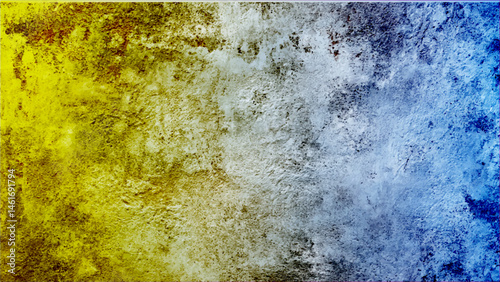 Watercolor abstraction yellow blue. A vibrant close-up photo showing a wall painted in yellow and blue hues, featuring a white bird perched on the surface