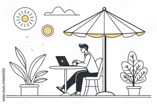 47 Minimalist illustration, man working on laptop, outdoor cafe setting, parasol umbrella, potted plants, black and white line drawing, simple geometric shapes, clean design, relaxed atmosphere, digit