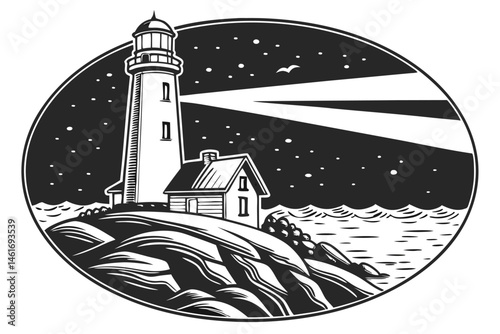 48 Lighthouse illustration, black and white, woodcut style, circular composition, starry night sky, rocky shore, beacon of light, high contrast, textured, minimalist, maritime theme, coastal imagery, 