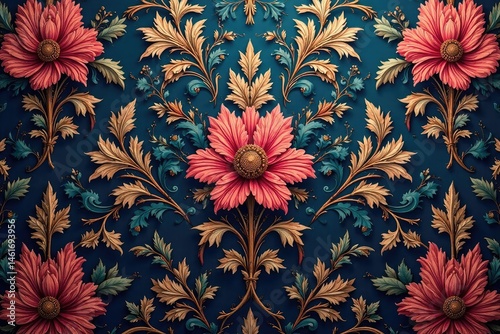 Elegant floral damask, intricate details, rich jewel tones, design, decor