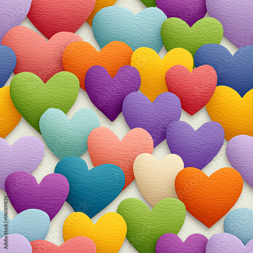 Seamless pattern of colorful paper hearts with embossed texture on light background.