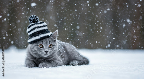 Gray kitten wearing a striped winter hat in a snowy landscape. Adorable feline relaxing in the falling snow. Domestic cat with winter attire in a snowy park -