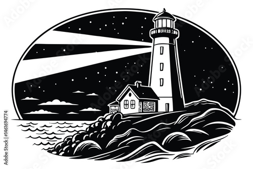 48 Lighthouse illustration, black and white, woodcut style, circular composition, starry night sky, rocky shore, beacon of light, high contrast, textured, minimalist, maritime theme, coastal imagery, 