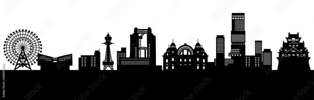 Fototapeta premium 高層ビルと城のある日本の街並みのシルエット、大阪(モノクロ)