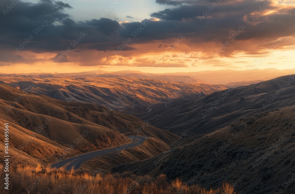 Naklejka premium A remote mountain pass under a dramatic sunset sky, road winding through golden-lit slopes