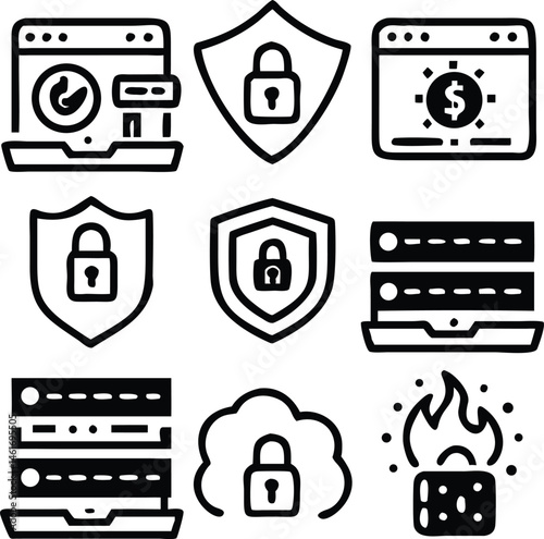 Cybersecurity Firewall and Network Protection Icons Set – Secure Server Line Symbols