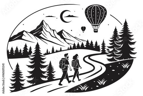 49 Black and white illustration, adventurous couple hiking, mountain landscape, full moon, hot air balloons, starry night sky, pine trees, winding path, dramatic lighting, detailed linework, adventure