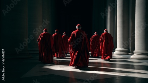 Procession of Cardinals in Scarlet Robes, Solemn Walk Through Vatican Courtyard
